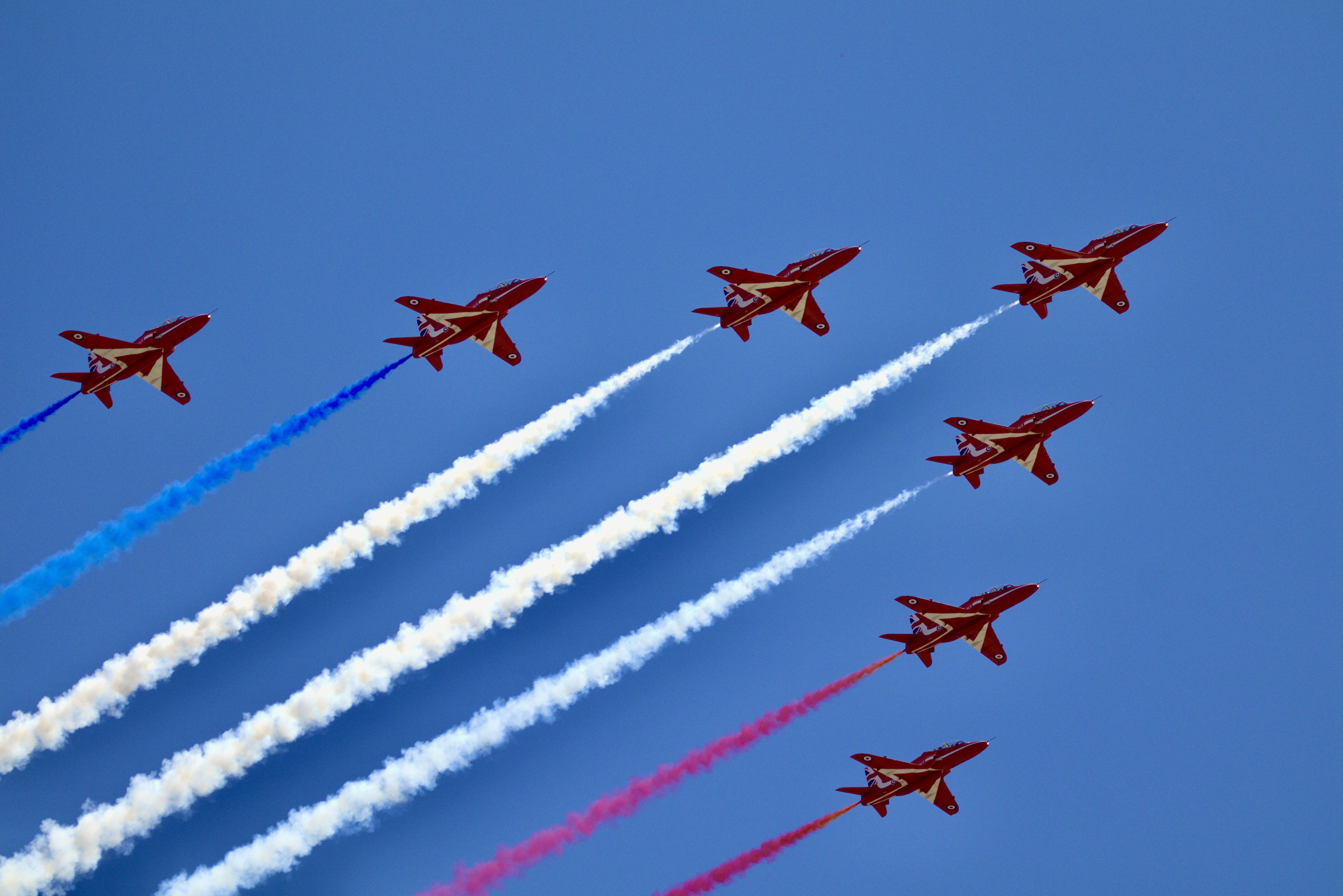 RAF Red Arrows with red, white, blue smoke